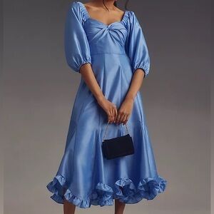 Hutch Printed Twist-Front Puff-Sleeve Ruffle-
Hem Dress Blue Anthropologie NWOT